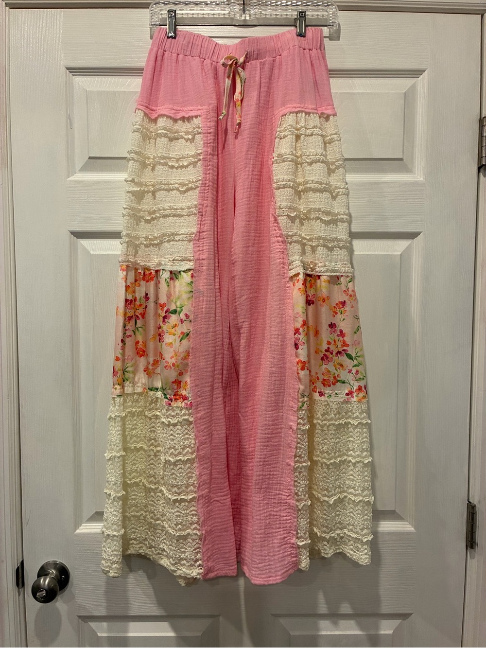 POL Patchwork Wide Leg Pants Pink Floral Lace Boho Cottagecore SMP601 Small